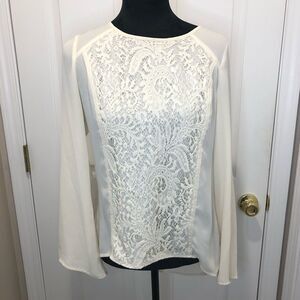 AGB sheer cream lace front hi low long sleeve blouse top, size medium